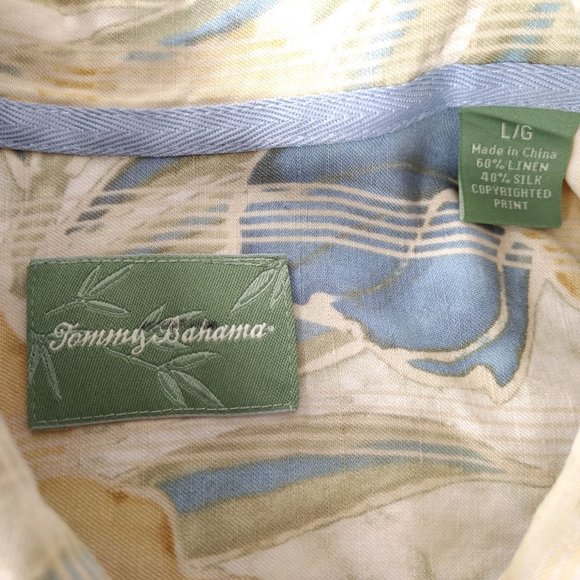 TOMMY BAHAMA Shirt L Yellow Blue Hibiscus Linen Blend Hawaiian Short Sleeve - Picture 9 of 12